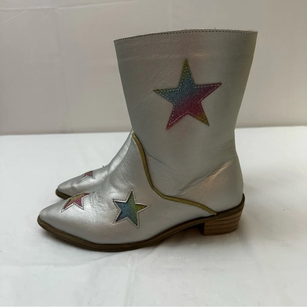 Lola + The Boys Kids Silver Metallic Rainbow Glitter Star Cowboy Boots‎ Size 31